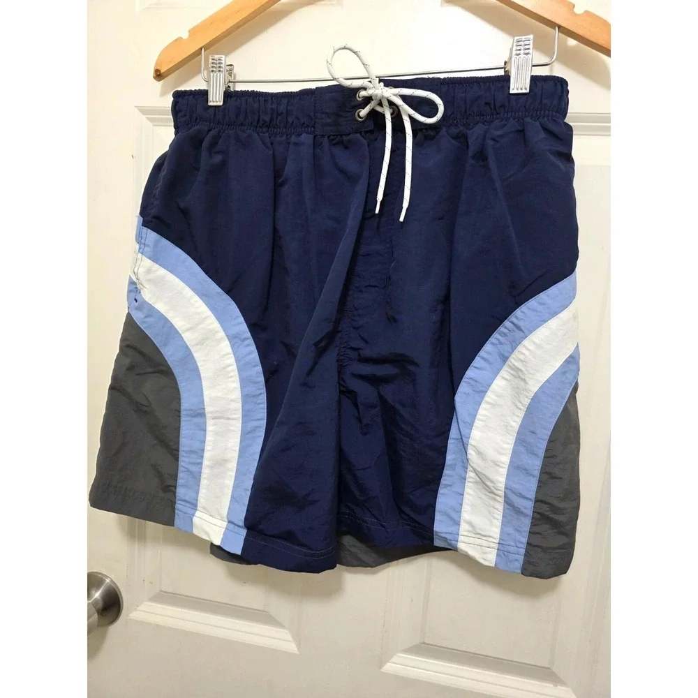 Vintage Sand N Sun Mens Swim Shorts Blue/Gray W/ White & Light Blue Stripes Elas